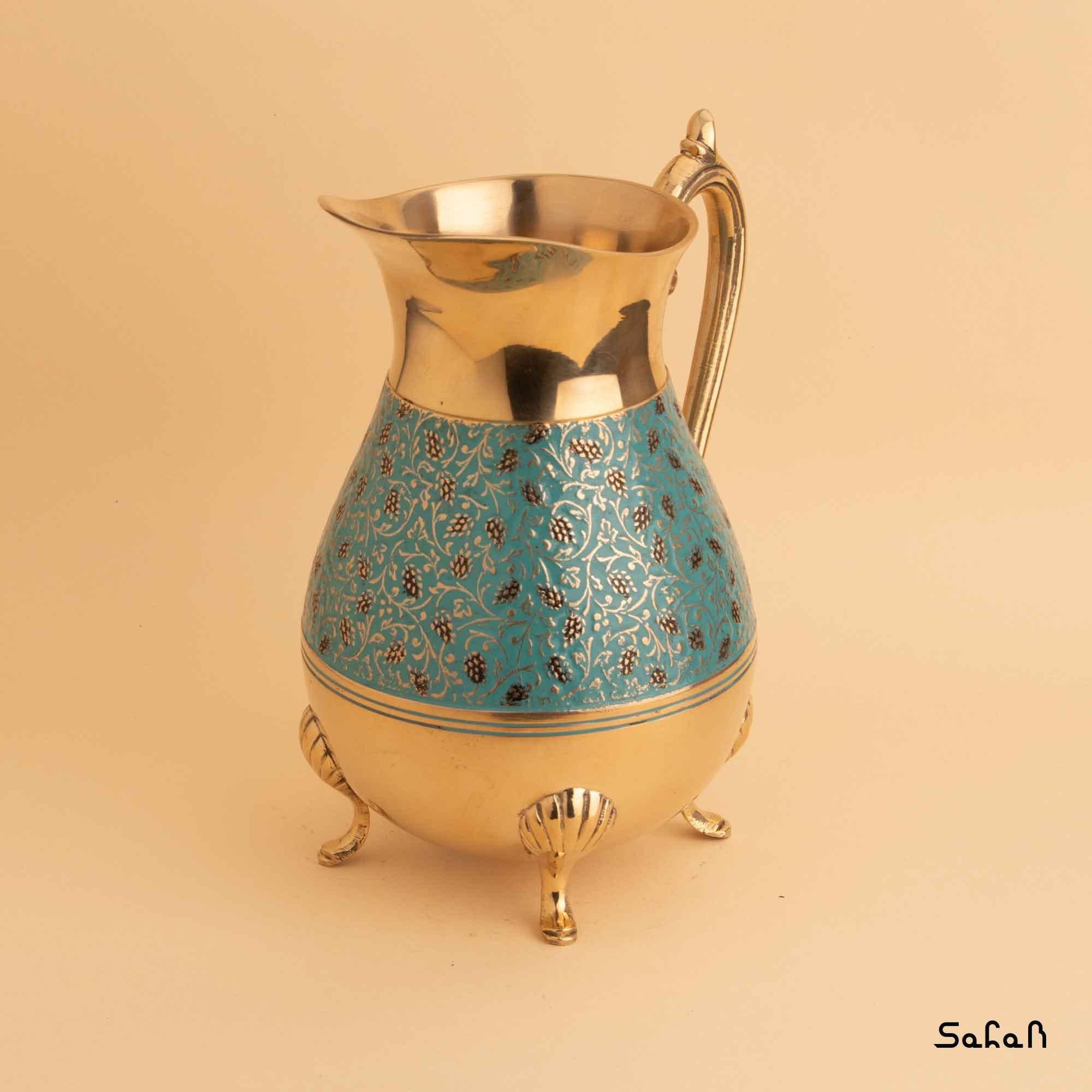 پارچ برنجی میناکاری سه پایه طرح انگوری رنگ آبی