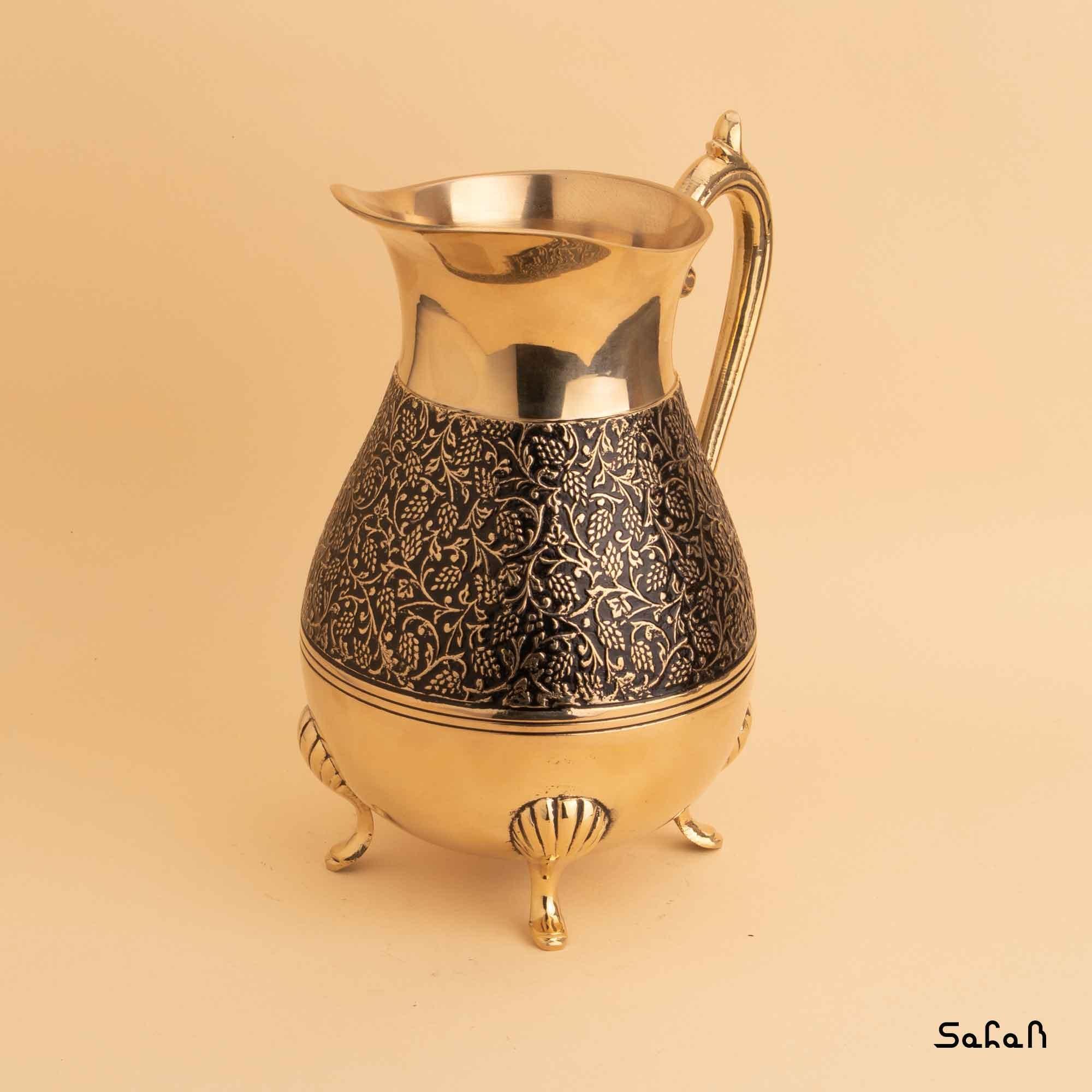 پارچ برنجی میناکاری سه پایه طرح انگوری رنگ آنتیک