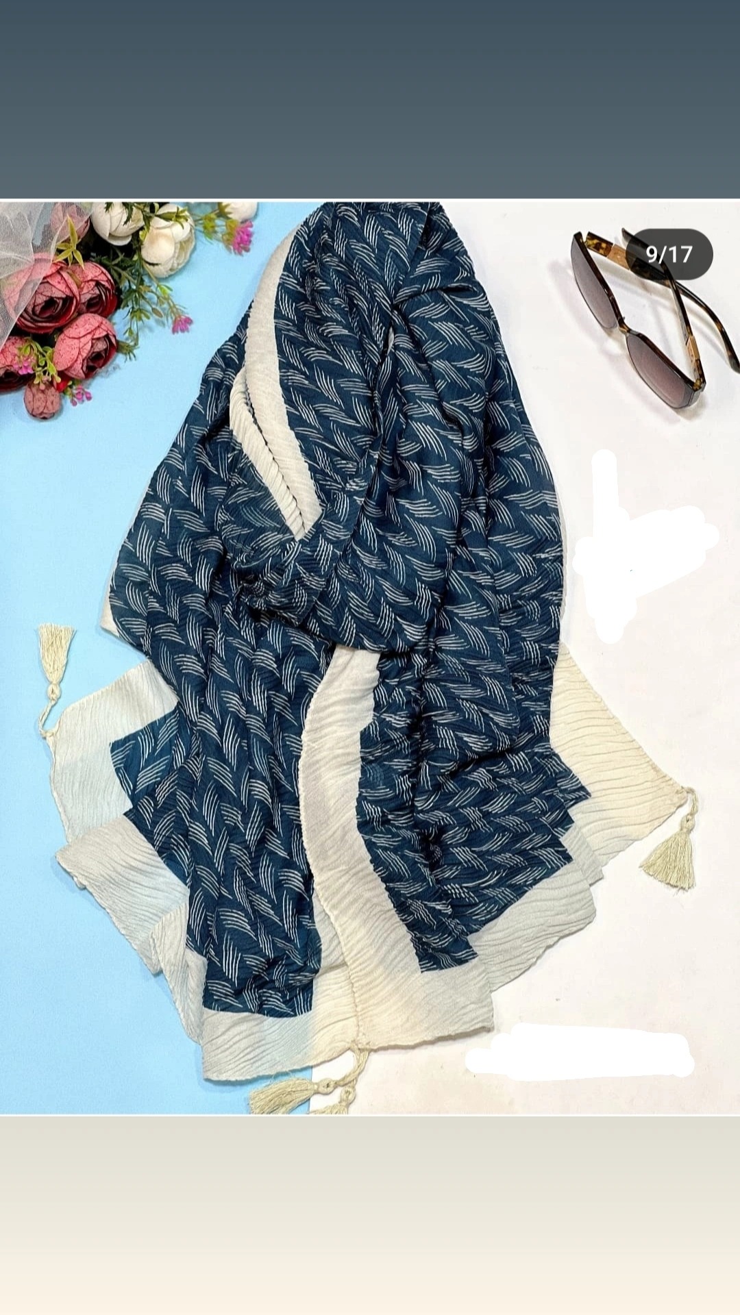 شال نخی پلیسه سرمه ای طرحدار