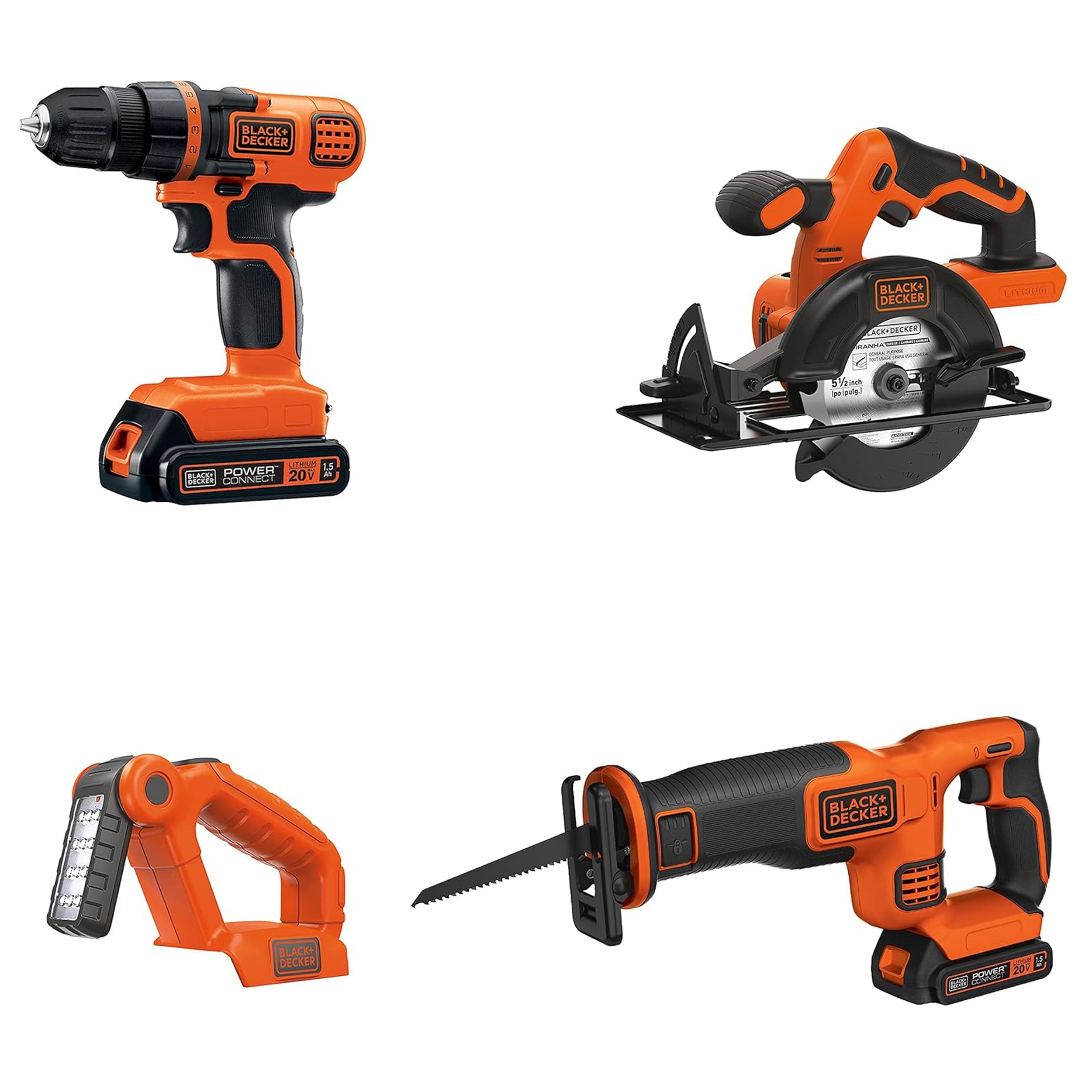 دریل، اره افقی، و گرد بر و چراغ شاژی بلک انددکر