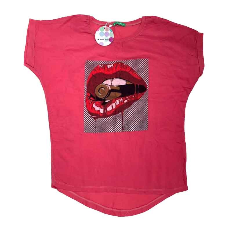 تیشرت نخی طرح لب رنگ سرخابی