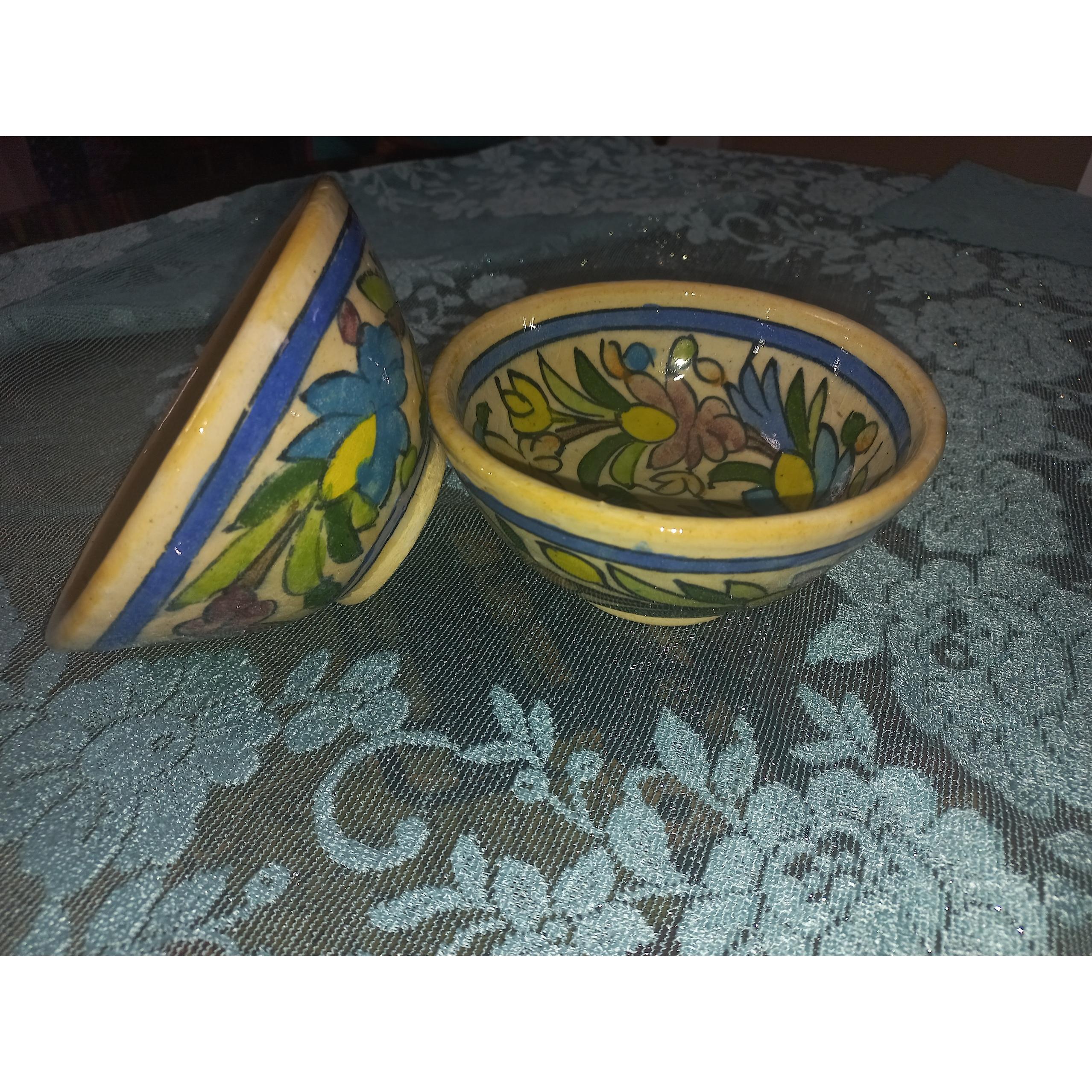 پیاله آبگوشت خوری سفالی لعابدار گل دار. دو عدد