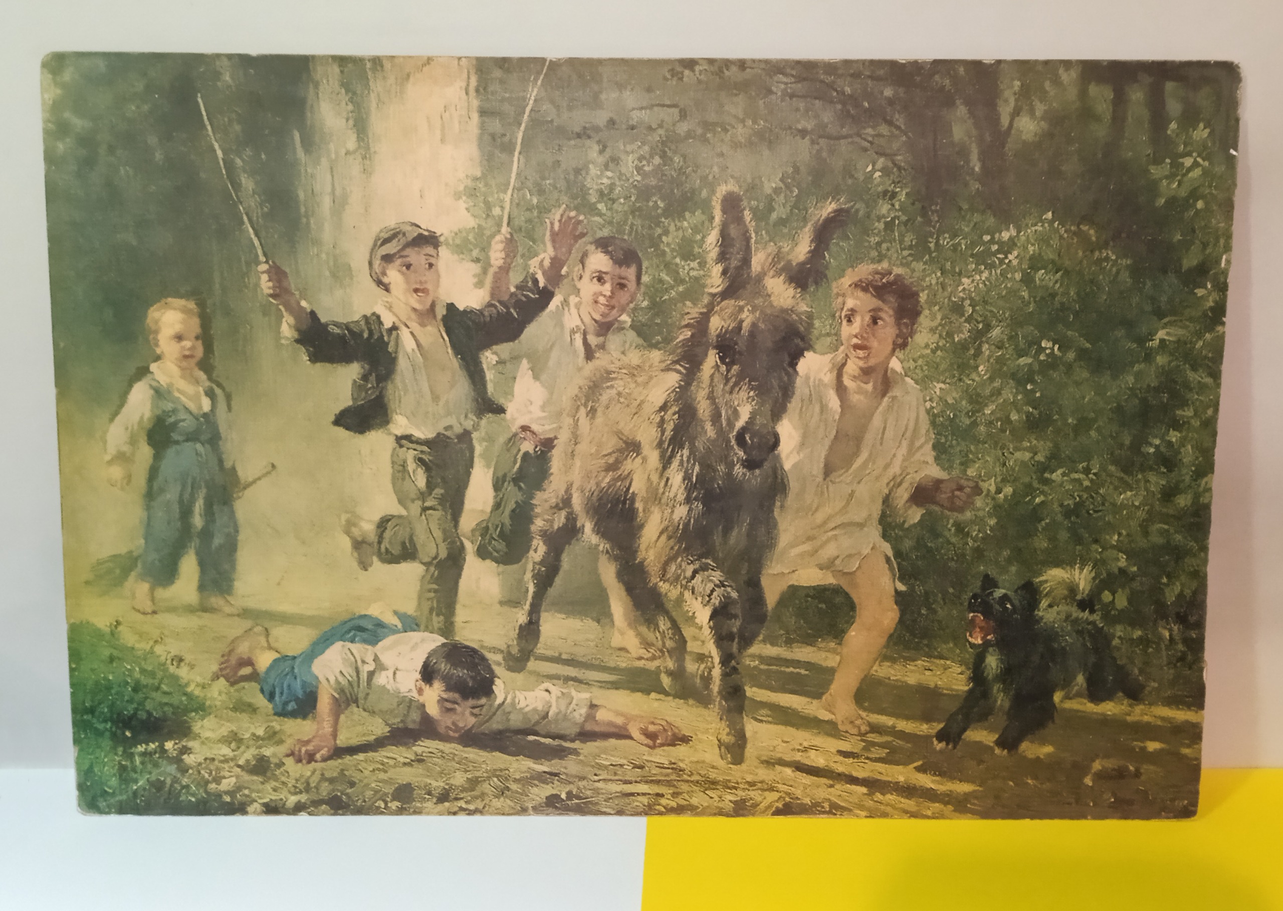 نقاشی چاپی قدیمی خارجی طرح الاغ و پسران