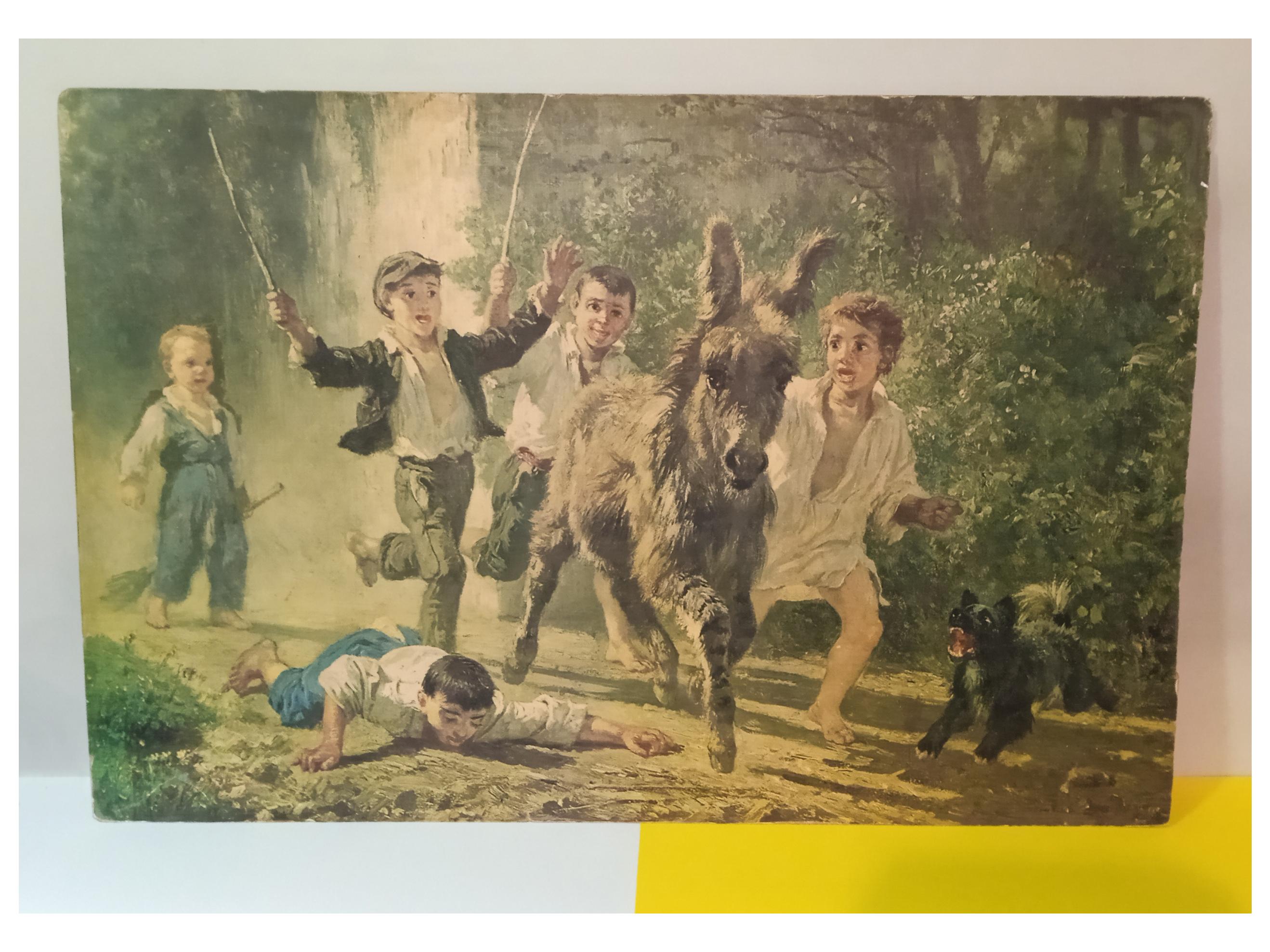 نقاشی چاپی قدیمی خارجی طرح الاغ و پسران