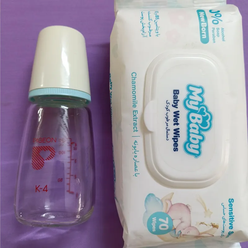شیشه شیر پیرکس ژاپنی ودستمال مرطوب