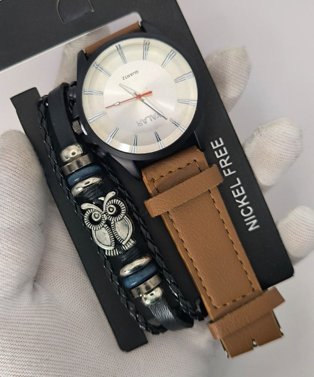 ست ساعت و دستبند چرمی مردانه برند والار رنگبندی