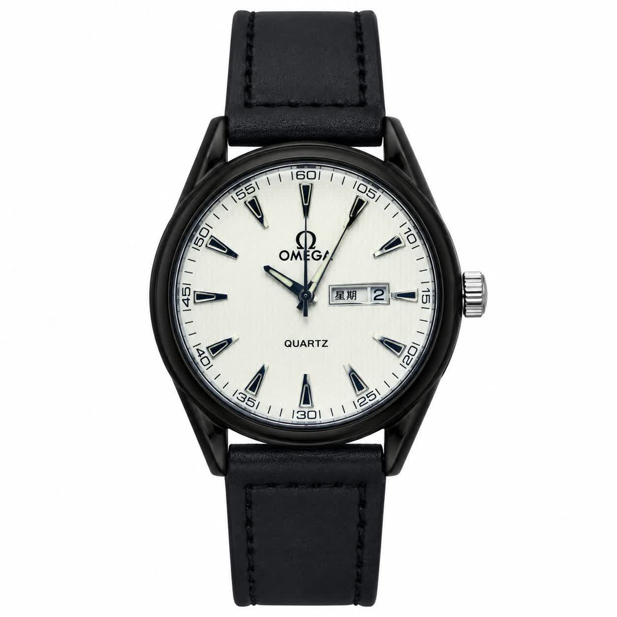 ساعت مچی مردانه اُمگا OMEGA چرم مشکی صفحه سفید