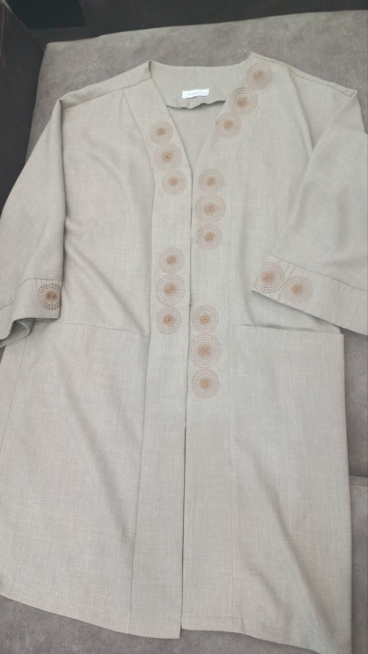 مانتو کرم کتان طرح دار (گلدوزی شده) سایز xL