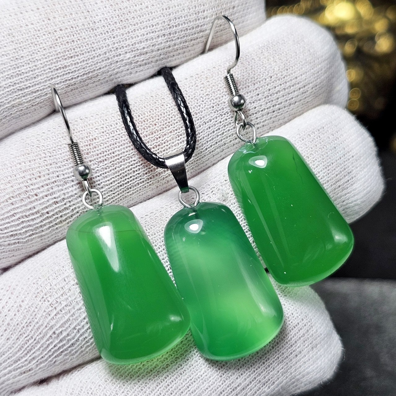  ست آویز و گوشواره سنگ عقیق سبز معدنی کد 36629