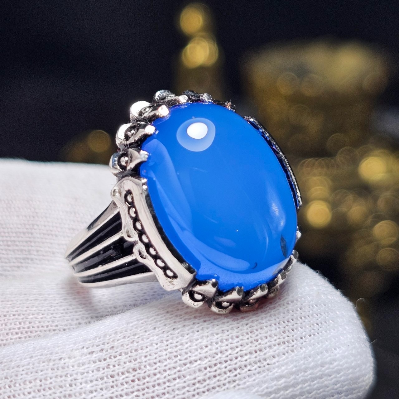 انگشتر نقره روس با سنگ عقیق آبی معدنی کد 37027