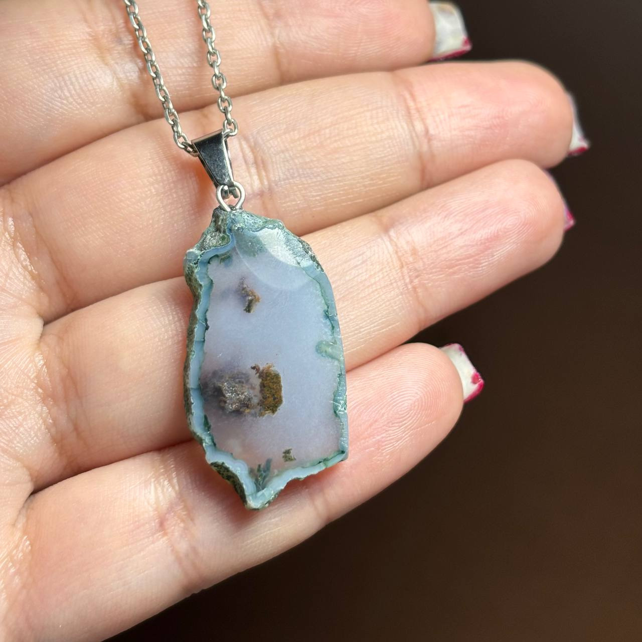 آویز گردنبند اسلایس سنگ عقیق شجر معدنی کد 60298