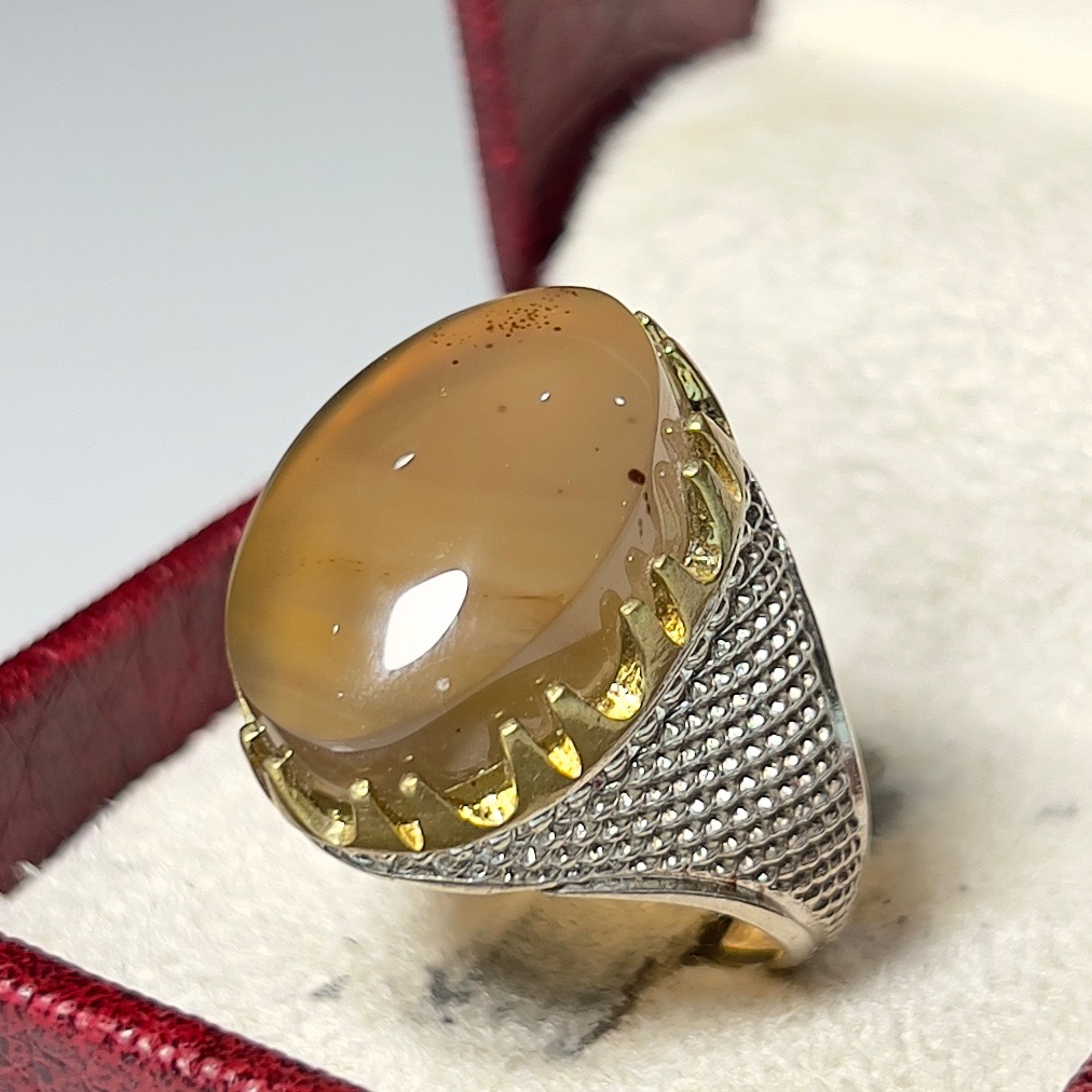 انگشترنقره14گرمی 925نگین عقیق عسلی آبدار