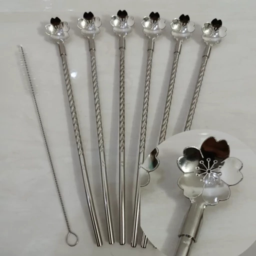 قاشق نی دار نقره ای یونیک 6 تایی شربت استیل