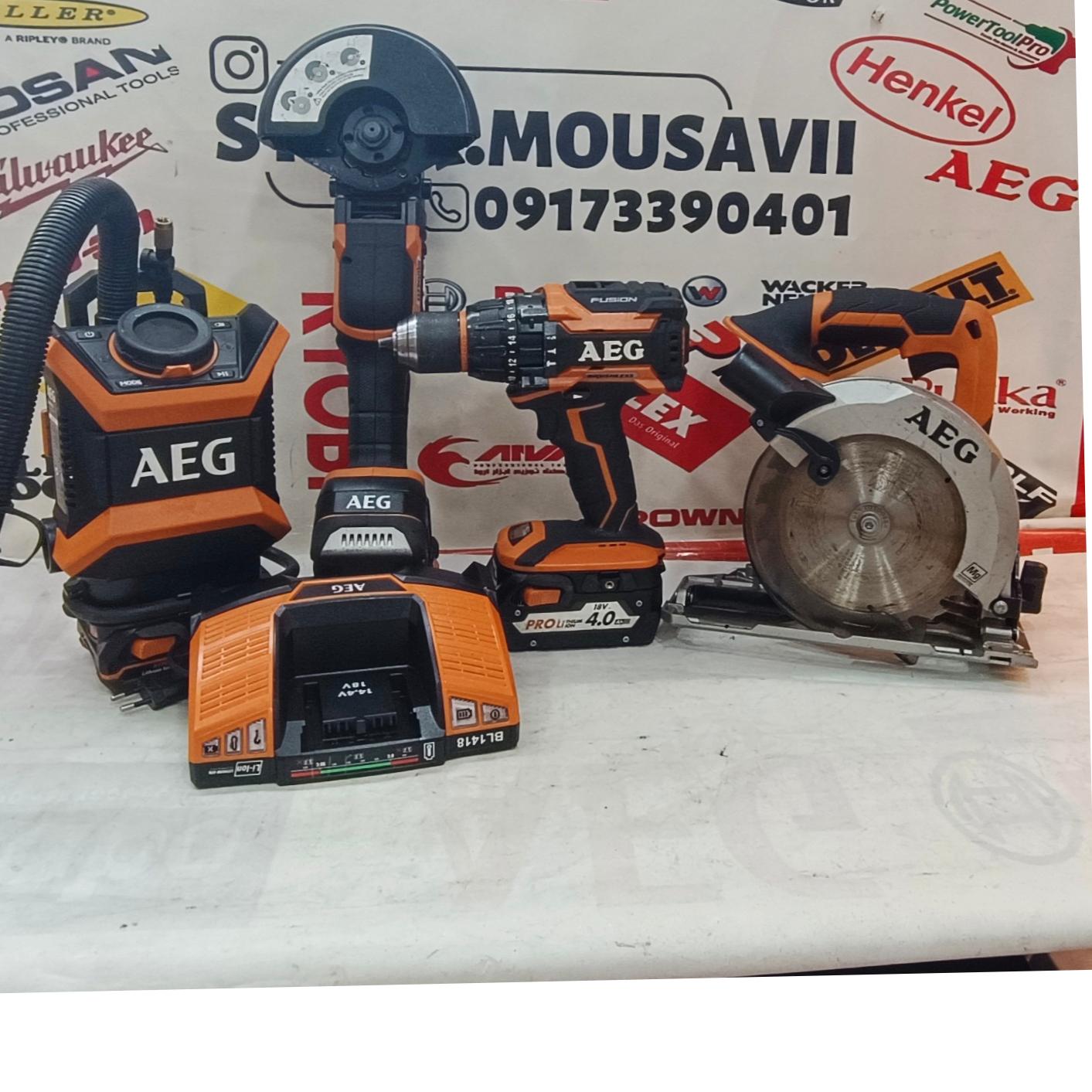 ست ابزارآلات aeg اصلی دریل مینی بشقابی پمپ باد