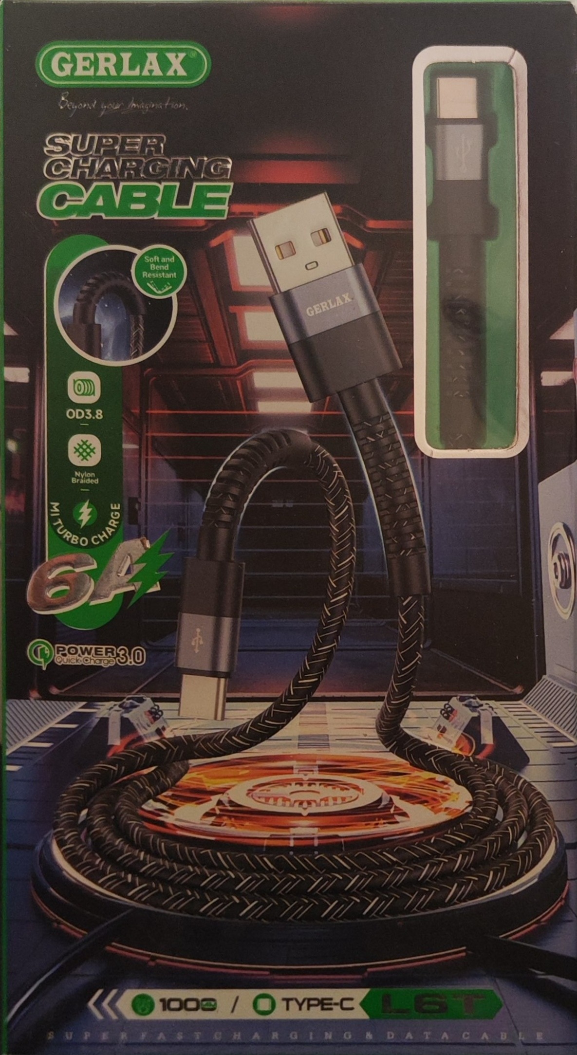 کابل شارژر Gerlax مدل L6T کنفی 6آمپر 100وات