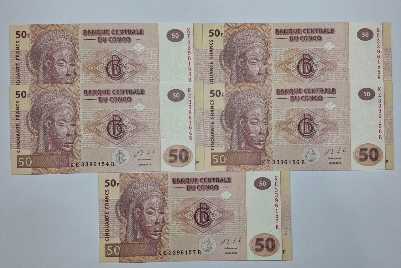 5 برگ اسکناس 50 فرانک کنگو پشت سر هم