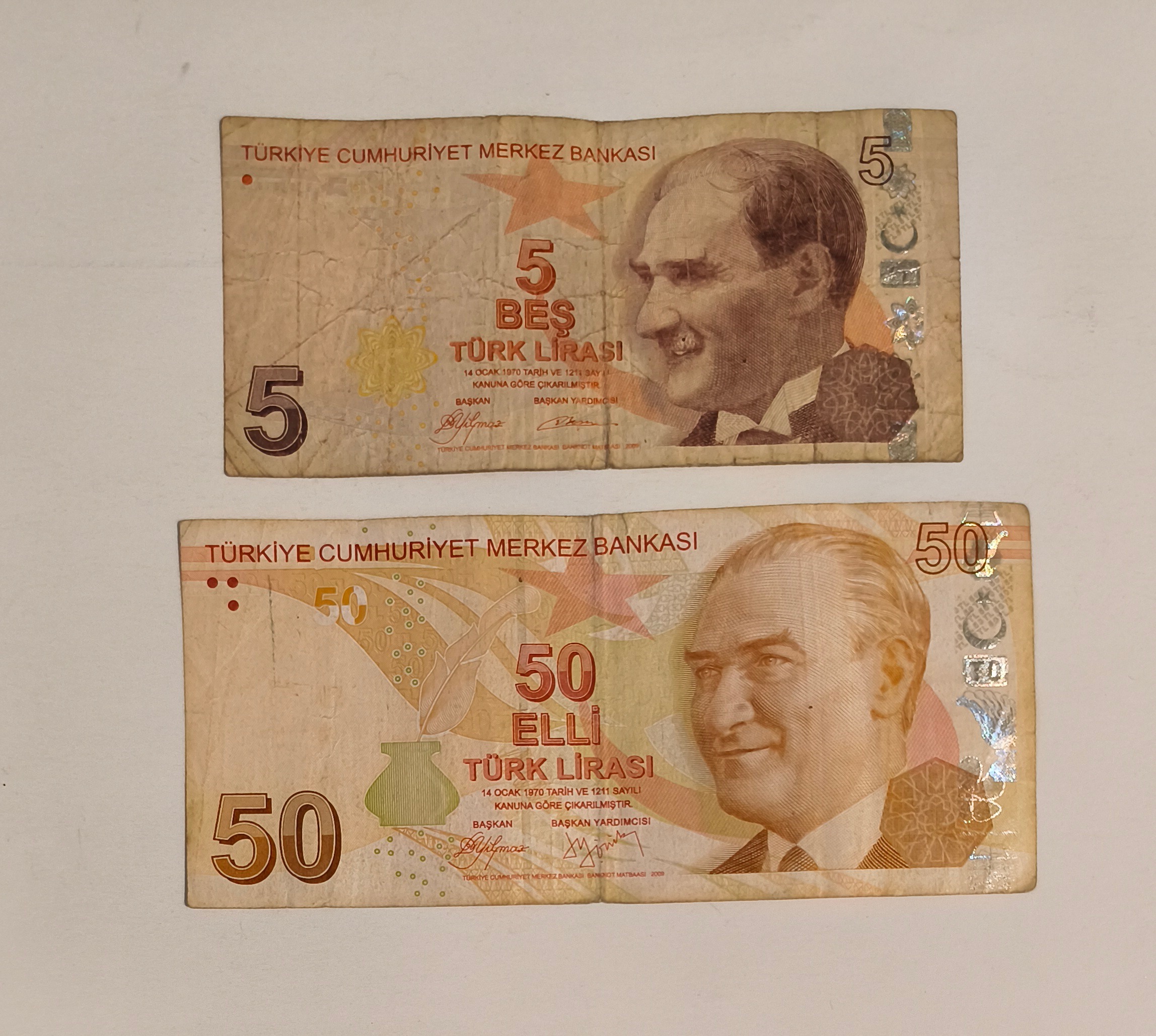 2 برگ اسکناس 5 و 50 لیر ترکیه 1970
