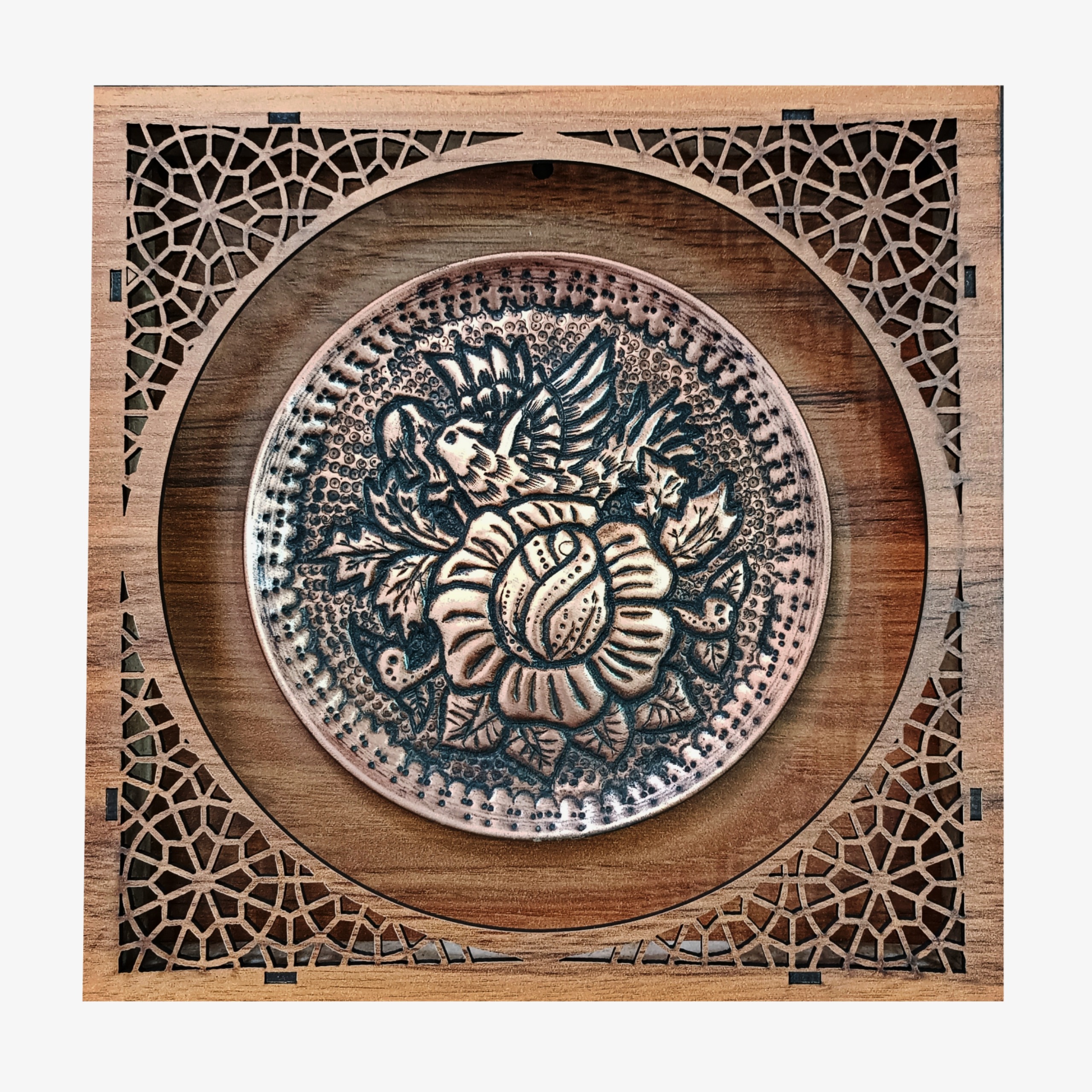 بشقاب قلمزنی مسی گل و مرغ