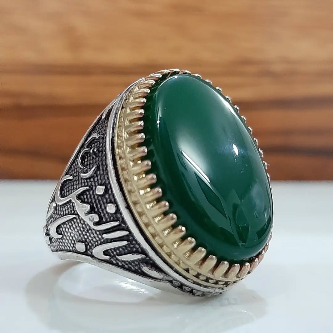 انگشتر نقره مردانه عقیق سبز با ذکر یا ابالفضل (ع)