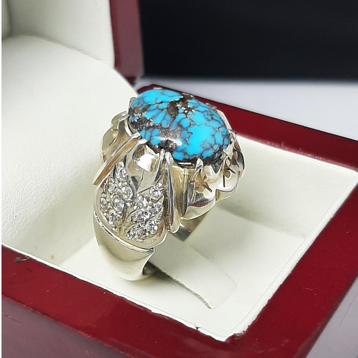 انگشتر فیروزه اصل نیشابوری مردانه (نقره دست ساز)