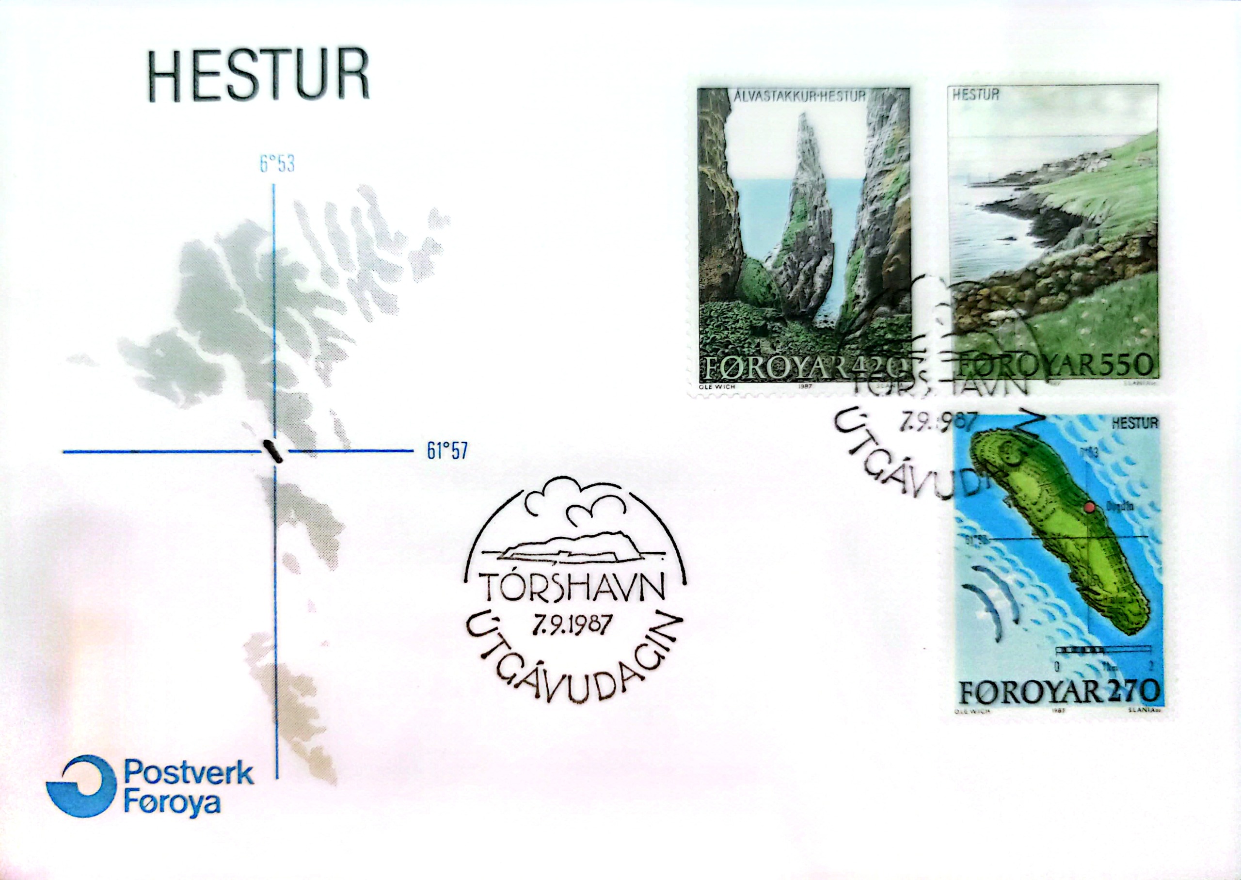 پاکت روز FDC جزایر فارو 1987 جزیره Hestur