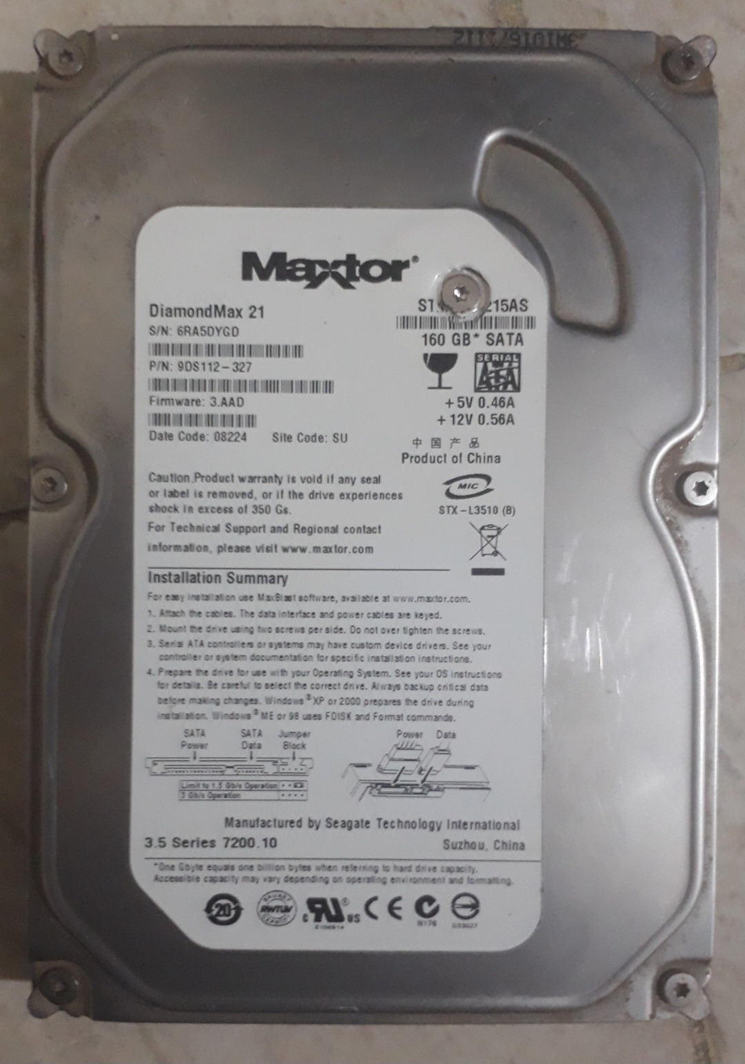 هارد مکستور STM3160215AS 160GB معیوب