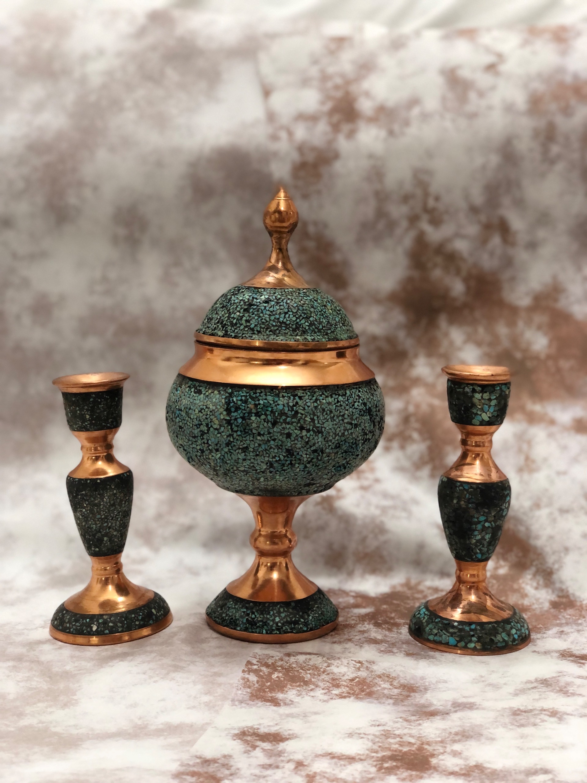 شمع دان و شکلات خوری مسی فیروزه کوب