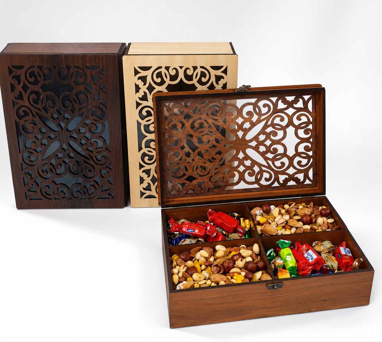 باکس چوبی آجیل و خشکبار گیفتانه طرح لاله 4 خونه