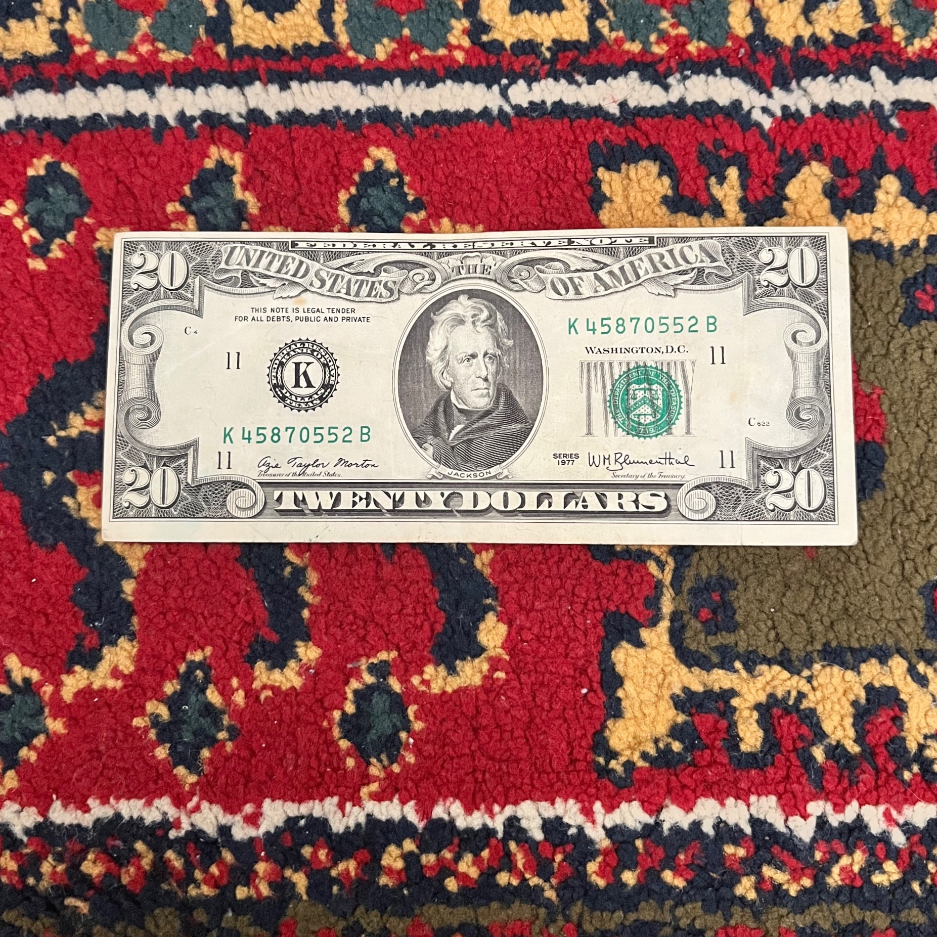 1 برگ 20 دلاری دست دوم سال 1977 (توضیحات)