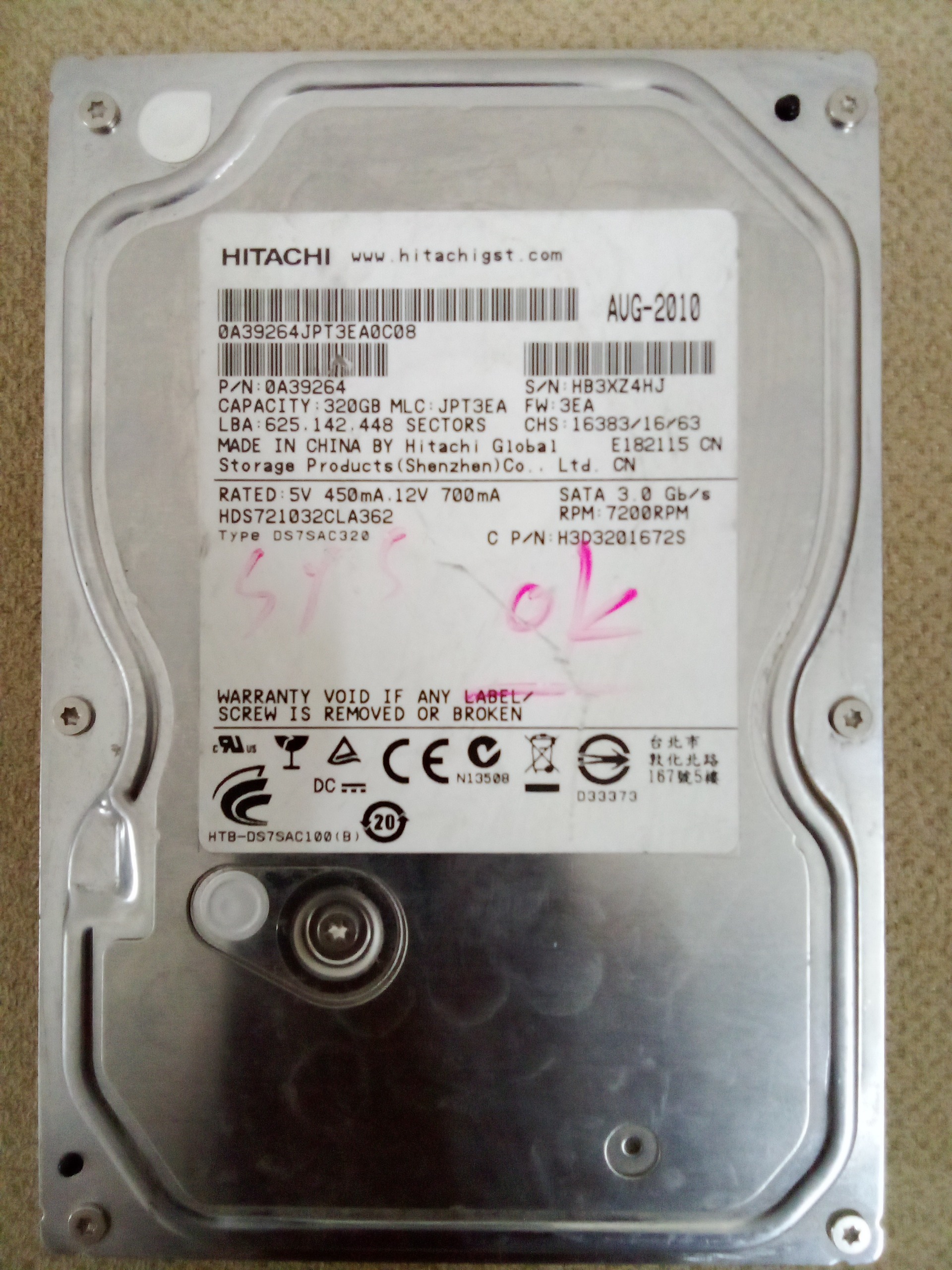 هارد هیتاچی 320 گیگ سلامت 100