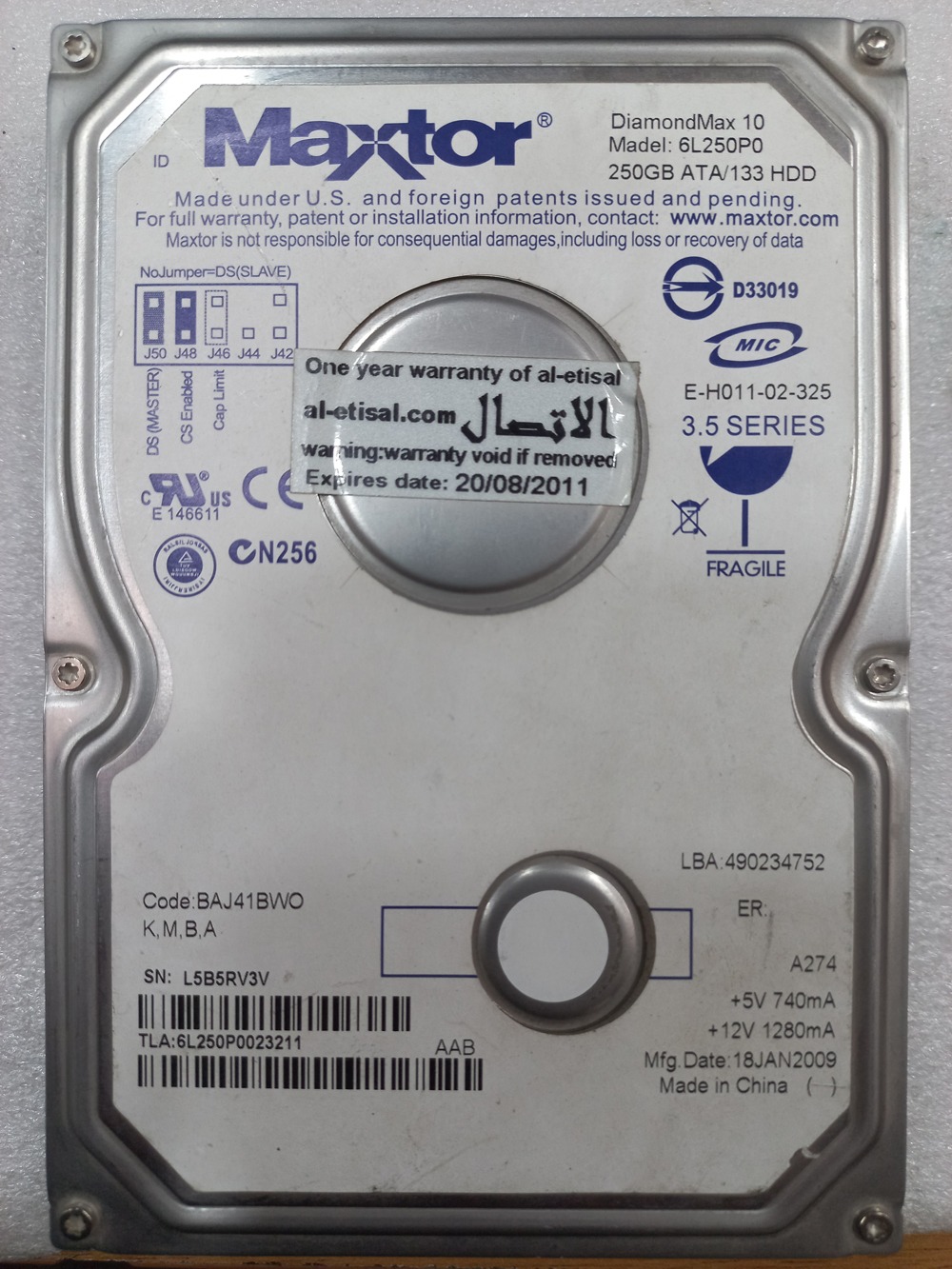 هارد استوک مکستور 6L250P0-250GB