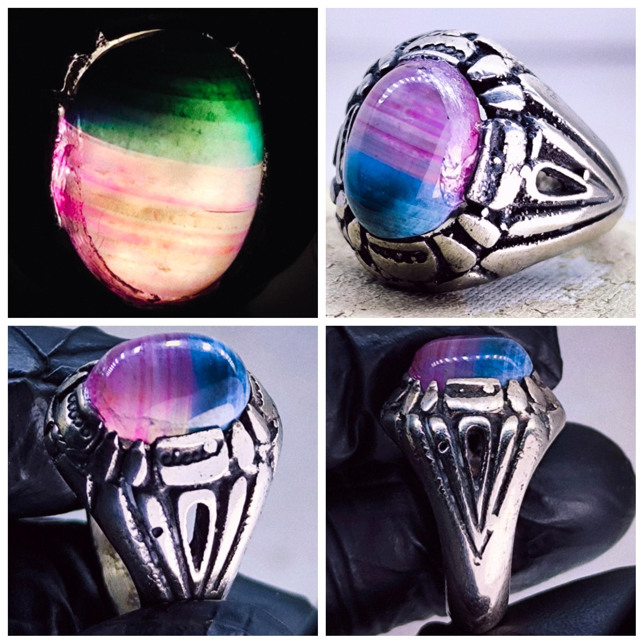 انگشتر تورمالین کم یاب دو طبع کبود ملیله کاری شده