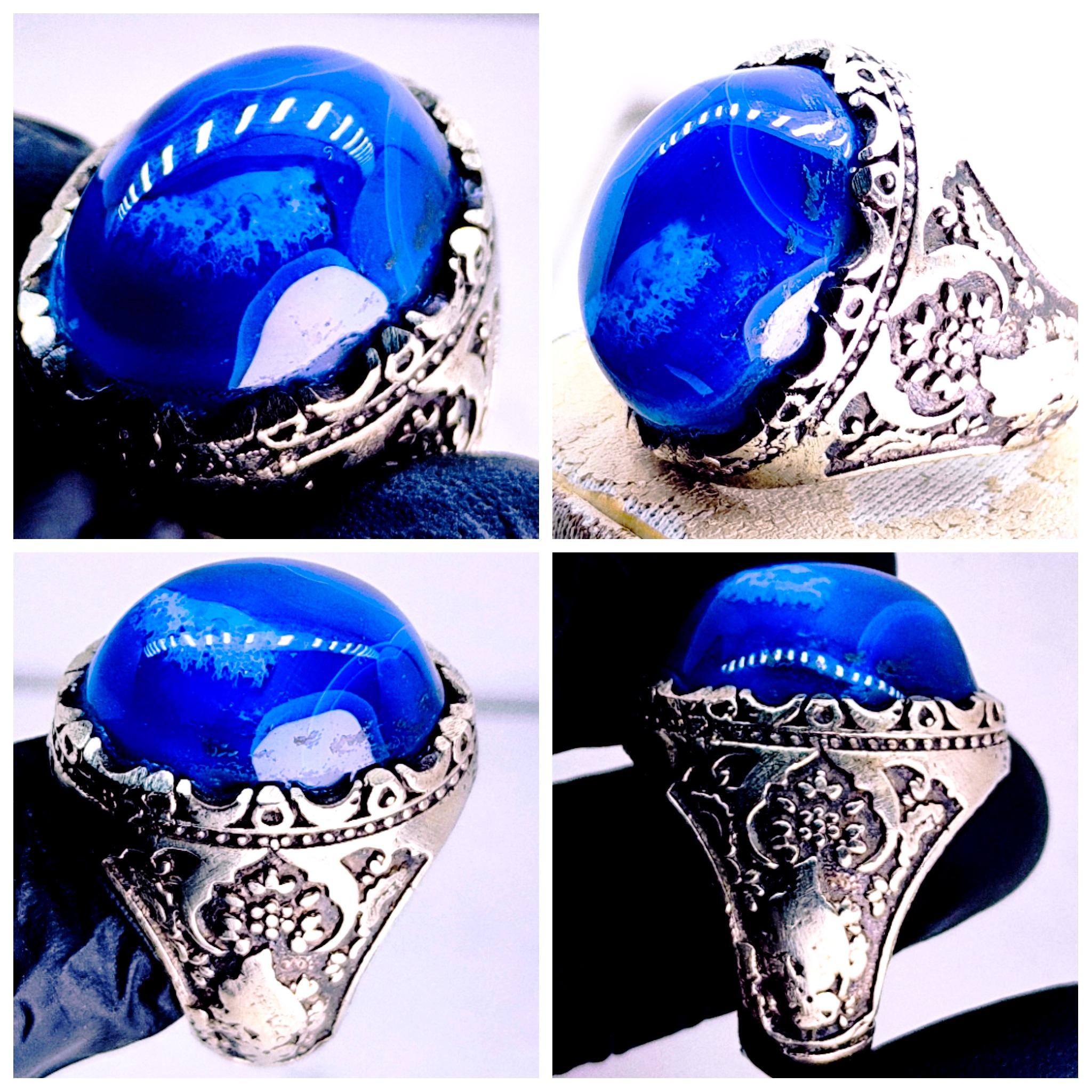 انگشترغول ویترینی عقیق آبی کلوخه برزیلی اصیل