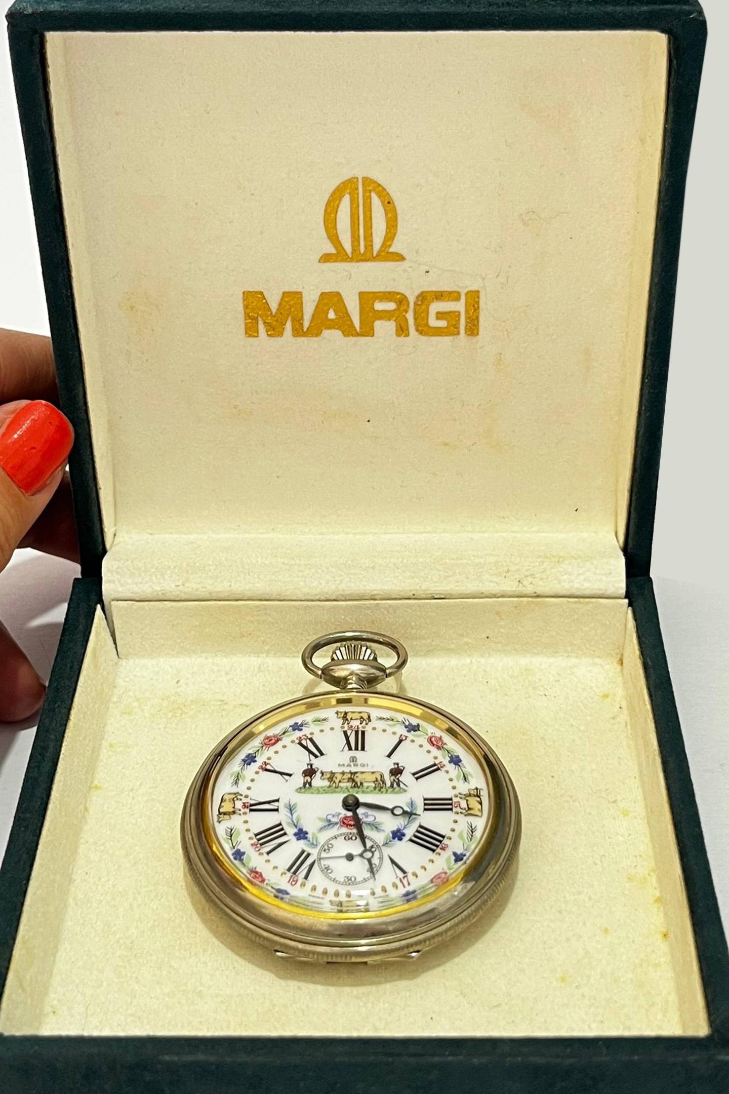 ساعت جیبی مکانیکی سوئیسی MARGI صفحه کمیاب طرح گاو