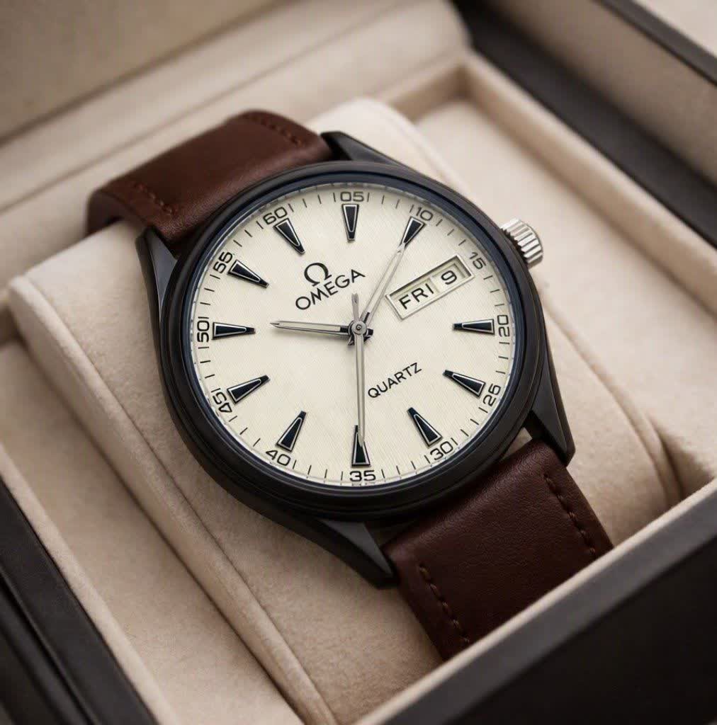ساعت مچی مردانه امگا OMEGA چرم قهوهای صفحه سفید