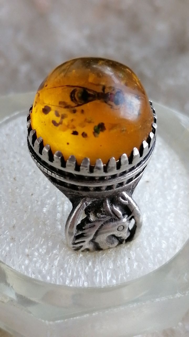 انگشتر نقره کهربا مورچه دار