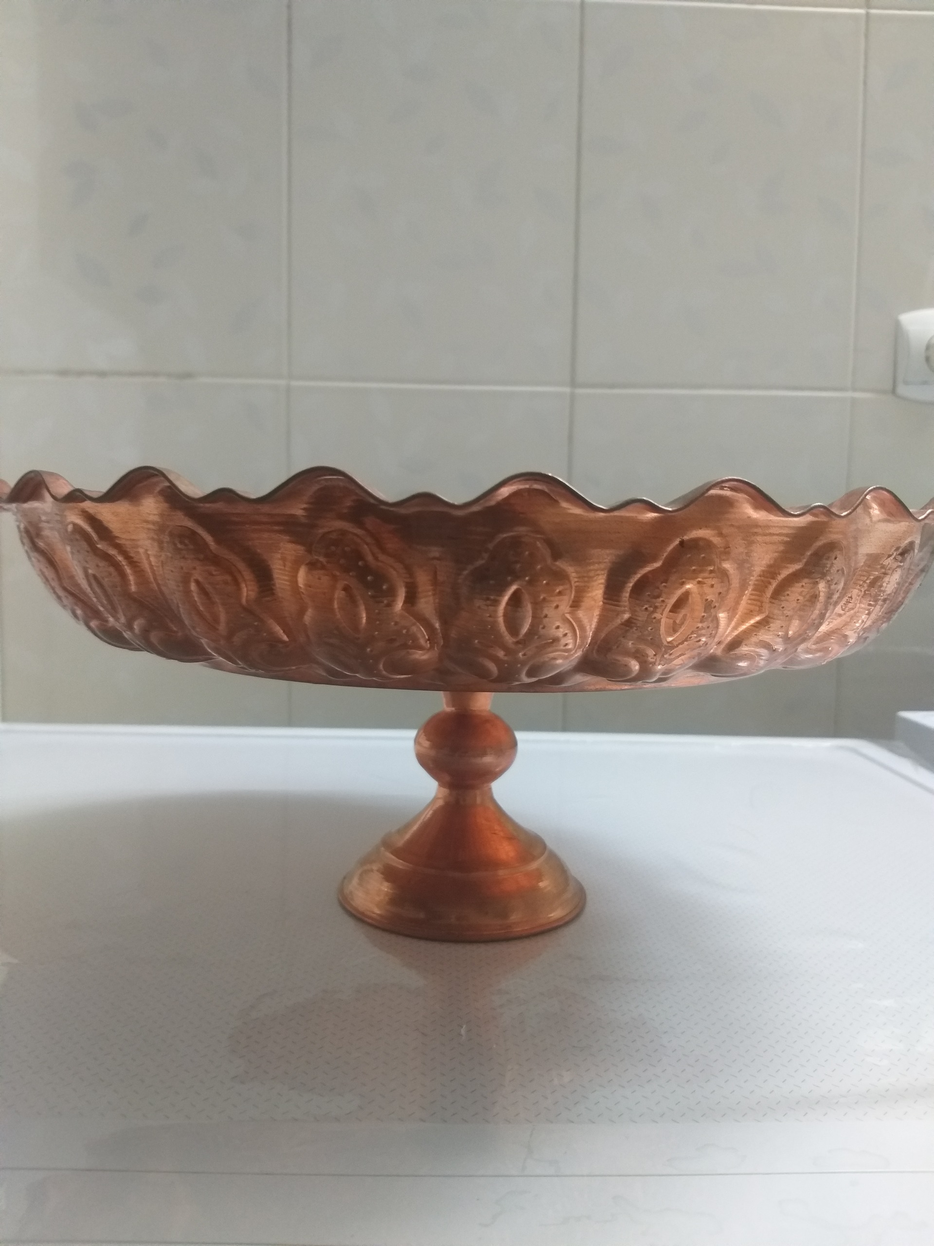 میوه خوری پایه کوتاه بشقابی مسی منقش
