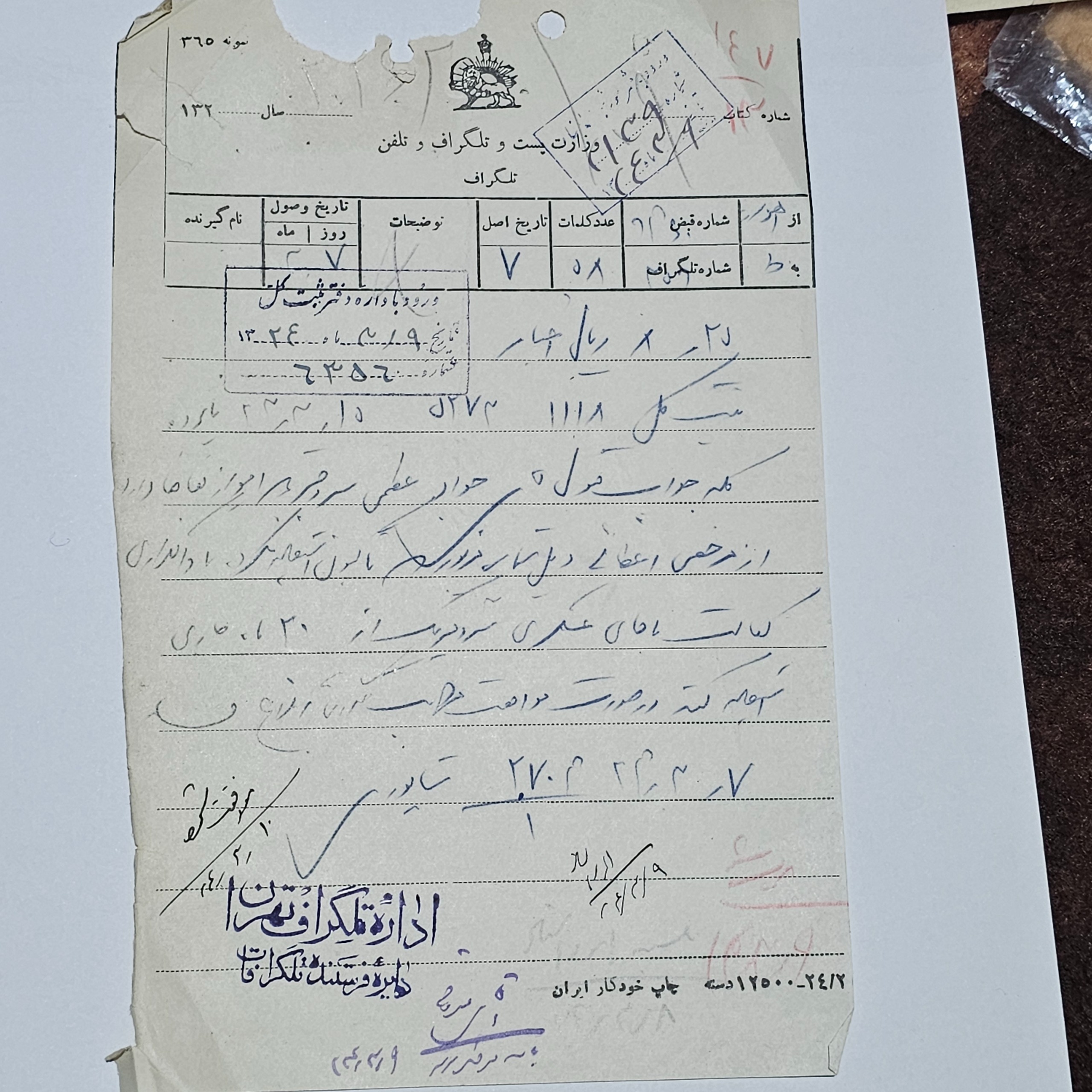 نامه تلگراف از اهواز به تهران
