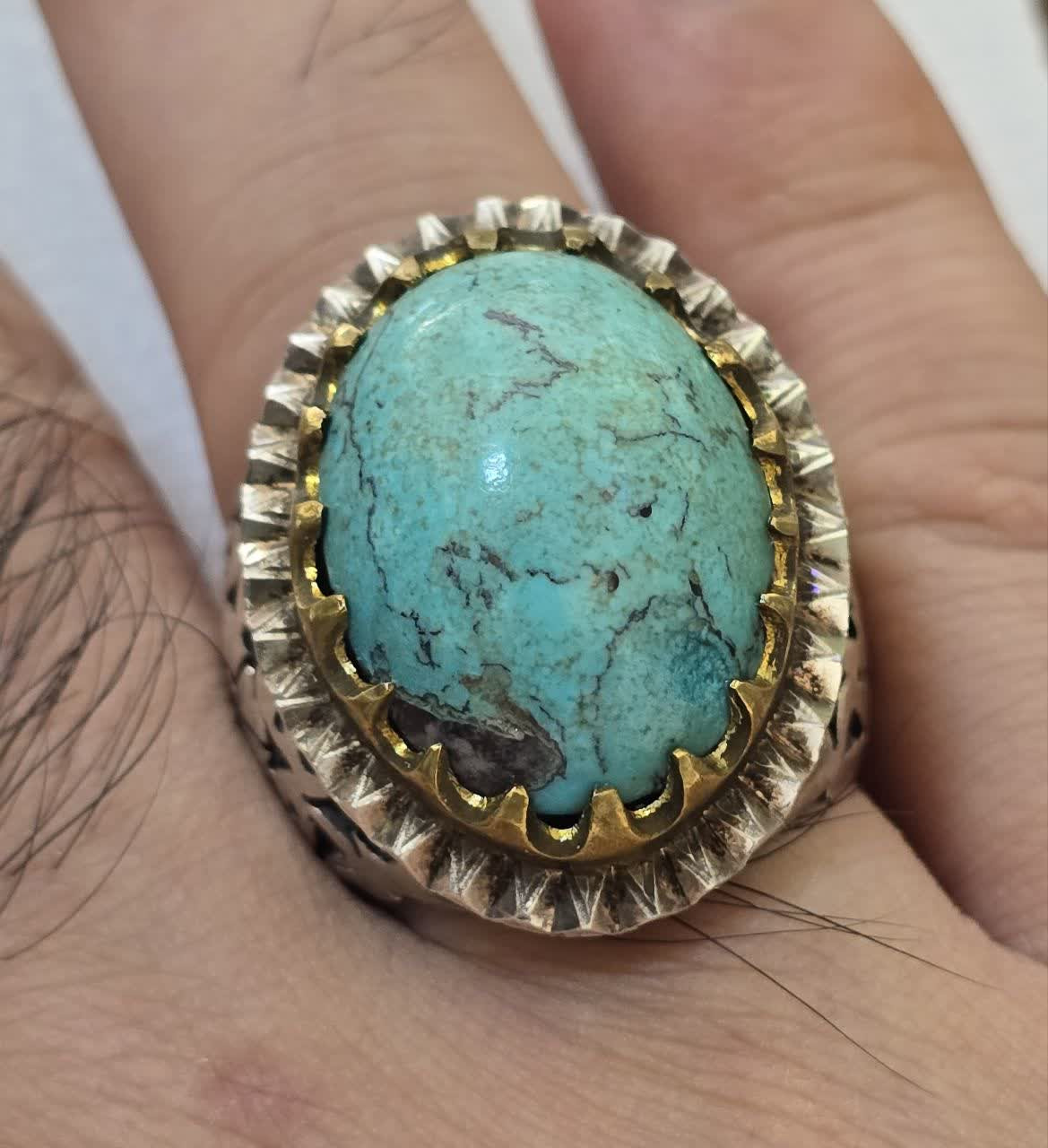 انگشتر نقره دستساز فیروزه نیشابور رنگ عالی
