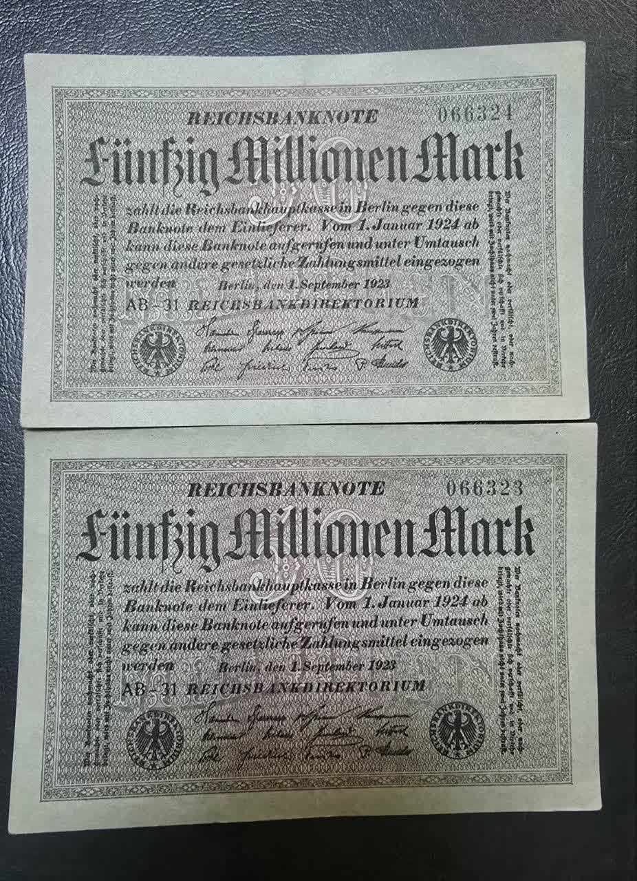 جفت اسکناس 50 میلیون مارک 1923 زمینه تیره کمیاب