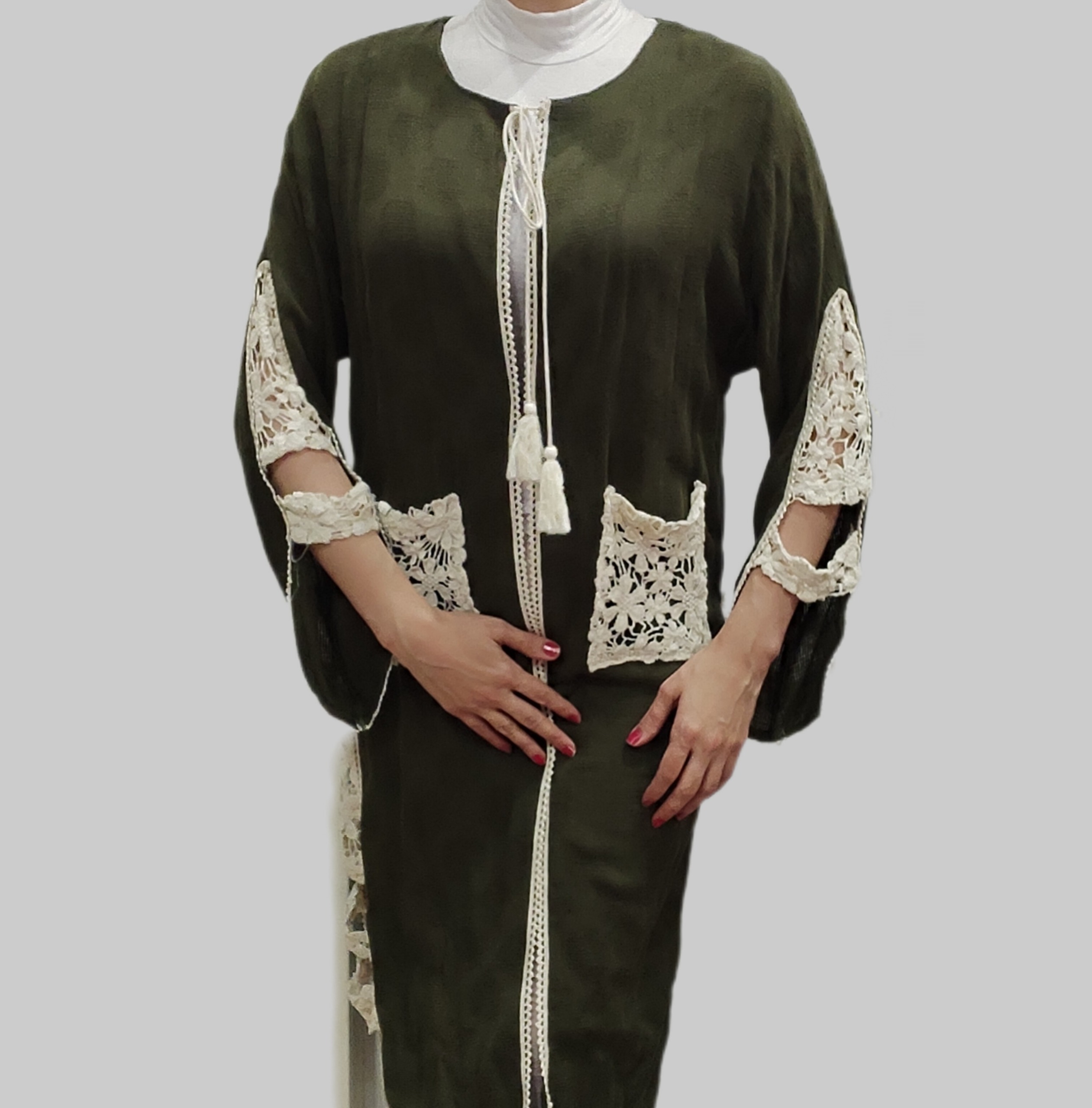 مانتو نخی سبز وارداتی گیپور دار بلند