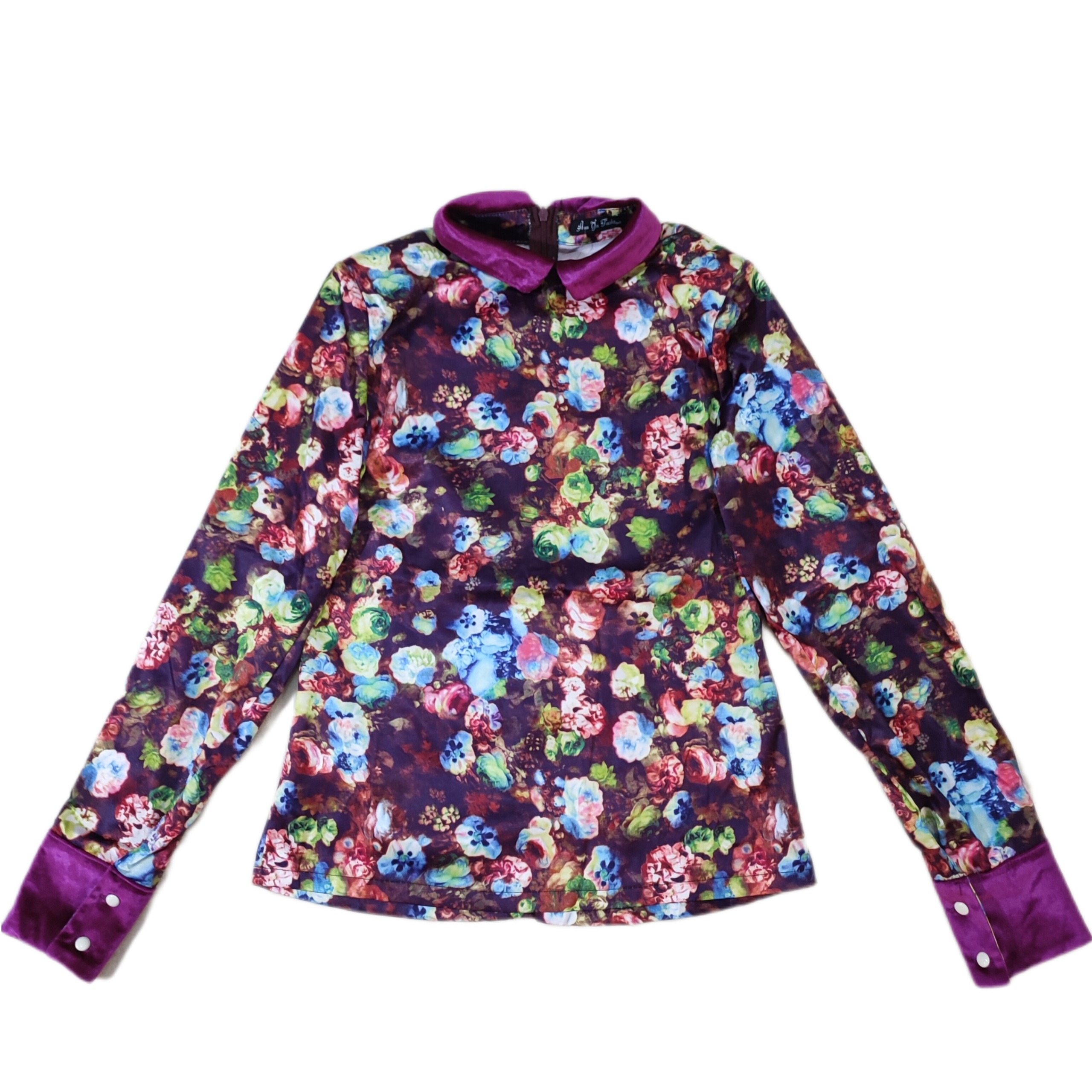 شومیز ساتن آبرنگی بنفش گلدار وارداتی سایز 36