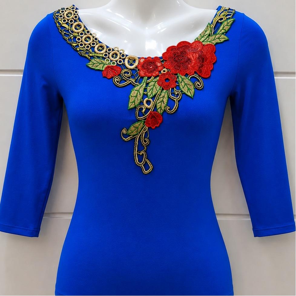 بلوز وارداتی آبی کاربنی گلدوزی کشی