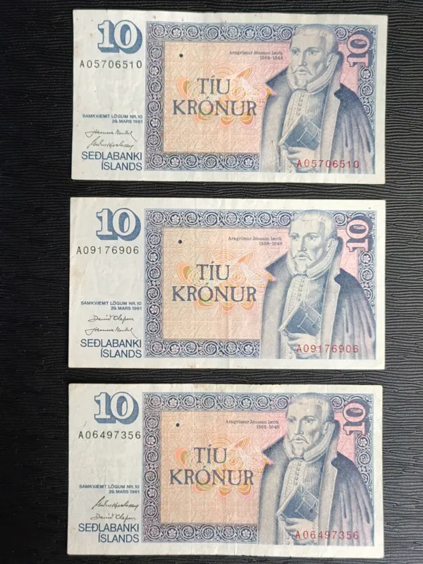3 اسکناس 10 کرون ایسلند 1981 تا 1986 امضاهای مختلف