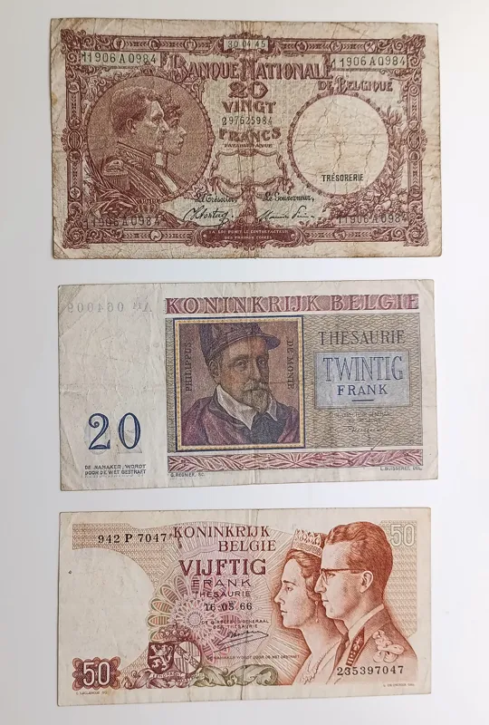 3 برگ اسکناس بلژیک 20 و 50 فرانک کارکرده قدیمی