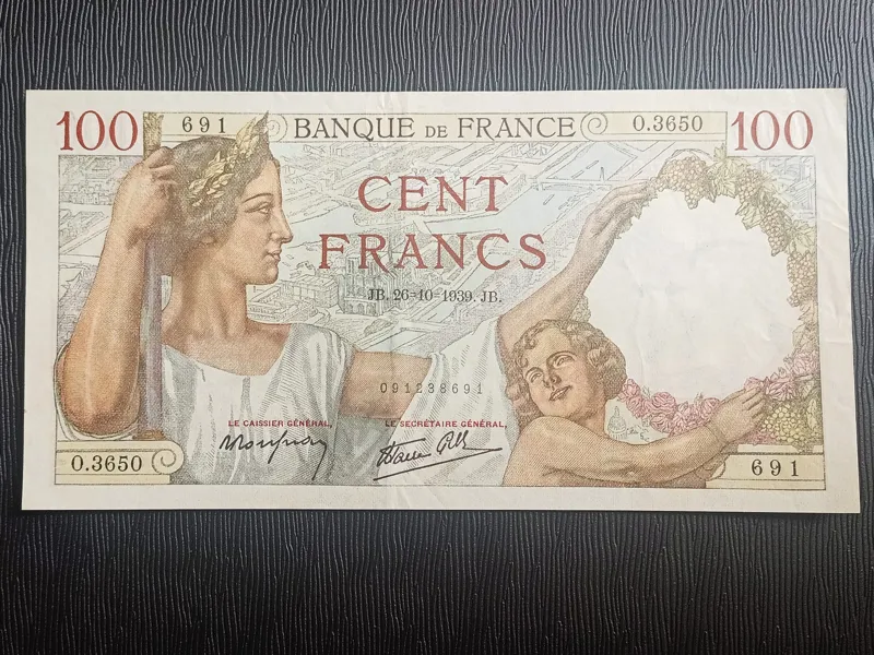 اسکناس 100 فرانک فرانسه 1939 تابلویی و زیبا