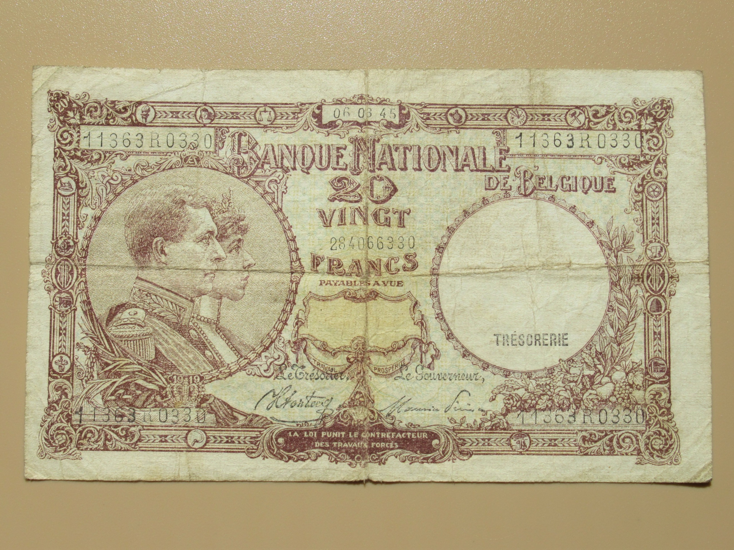 اسکناس 20 فرانک بلژیک 1945 قدیمی کلکسیونی