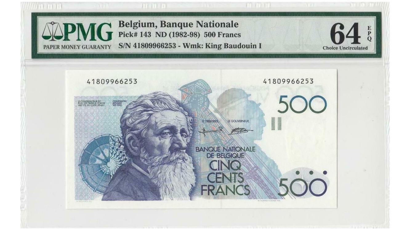 اسکناس بانکی 500 فرانک بلژیک 1998-1982 در کاور PMG