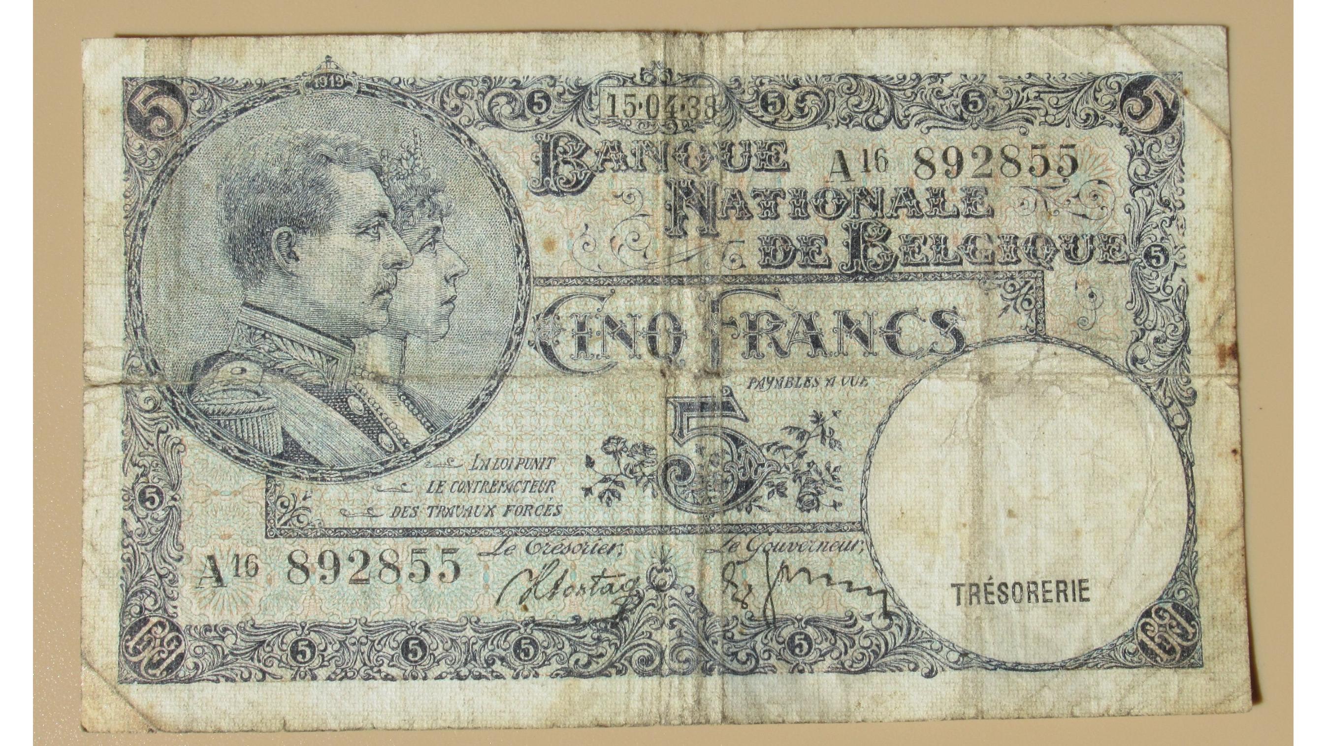 اسکناس 5 فرانک بلژیک 1938 قدیمی کلکسیونی