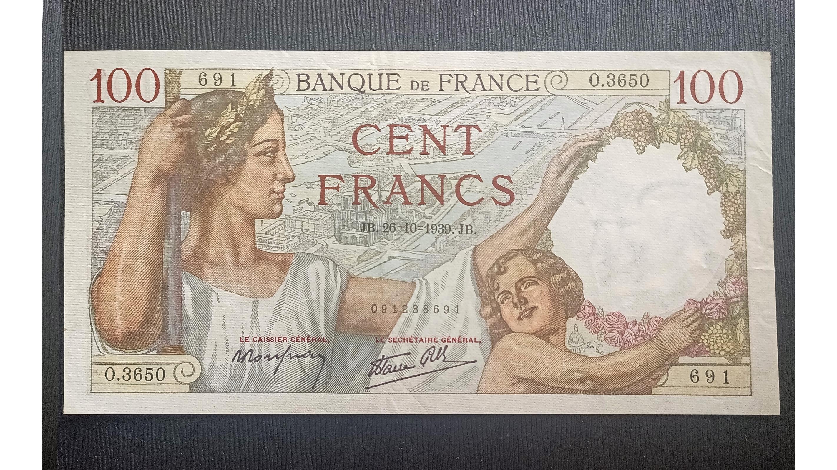 اسکناس 100 فرانک 1939 فرانسه تابلویی زیبا